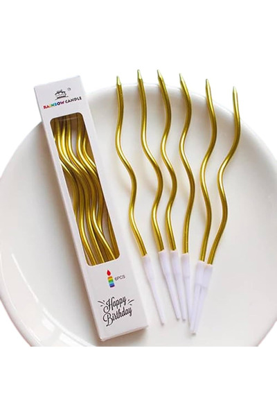 BALON DİYARI 6 LI KIVRIMLI GOLD MUM 16CM Pasta Mumu spiral kıvrak mum kaliteli