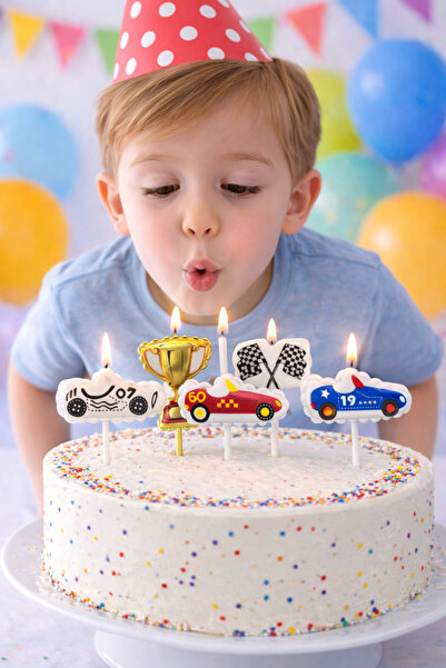 Partifabrik Yarış Arabaları Temalı Retro Mum 5 pARÇA