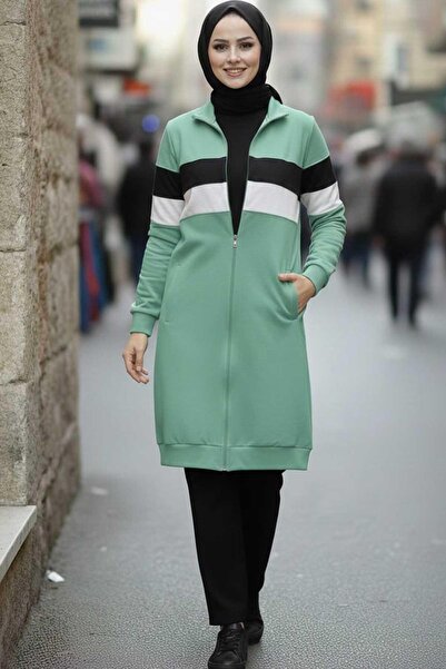 Tesettür Diyarı Căciulă hijab colorblock cu fermoar pentru femei - Mentă