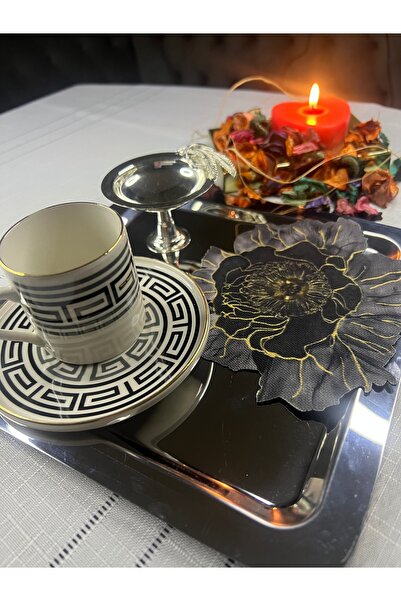 MİNOZA Gold Detailed Black Peony Design Laser Cut Cocktail & Presentation Nap...