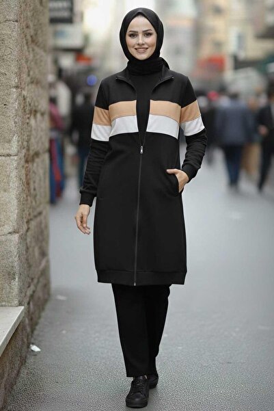 Tesettür Diyarı Жіночий плащ з блискавкою та кольоровими вставками - чорний