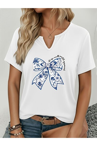 mercoledi Women's Blue Ribbon Printed Half V-Neck Sleeves Regular Fit Comfort...