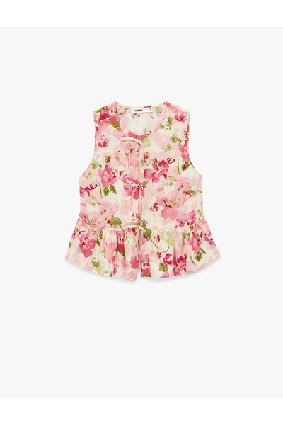 Koton Sleeveless Front Tie Detail Peplum Cut Floral Ruffle Blouse