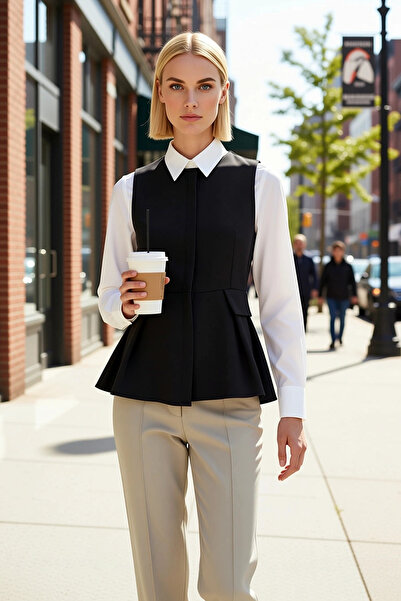 BENERLY Women's Crew Neck Sleeveless Fitted Fit Peplum Woven Vest Plain Patte...