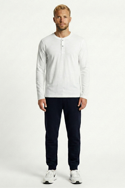 Cottonland Men's Celso Long Sleeve Buttoned O-Neck Unprinted Combed Cotton T-...