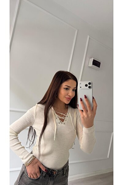 Daves Ecru Eyelet Lace Detailed Knitwear Blouse