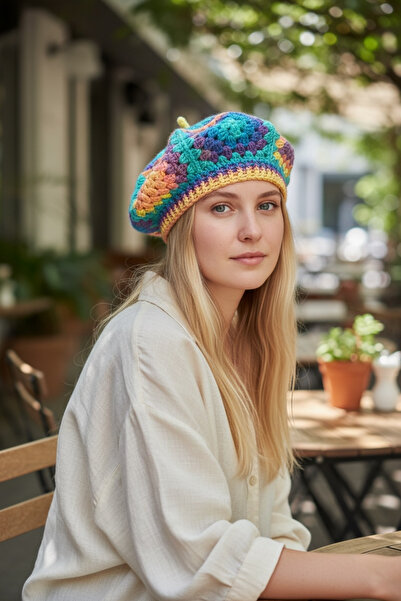 Satürn Hobi Soft Colored & Luminous Bohemian Painter's Beret Hat with Knitted...