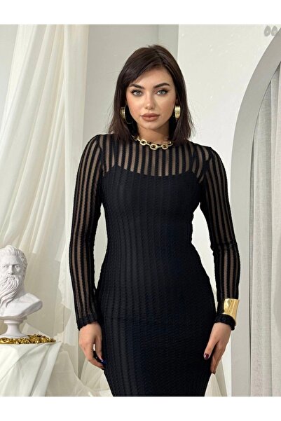 Dilek Vardar Women's Black Transparent Striped Long Sleeve Midi Dress