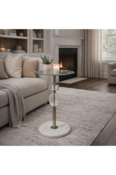 Generic Silver Service Table with Glass Top and Marble Base