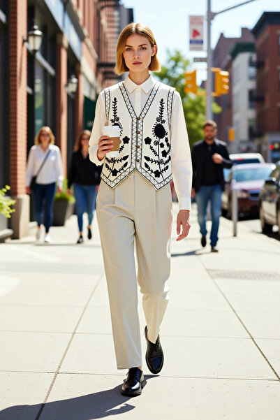 BENERLY Women's V-Neck Sleeveless Regular Fit Woven Poplin Fabric Floral Embr...