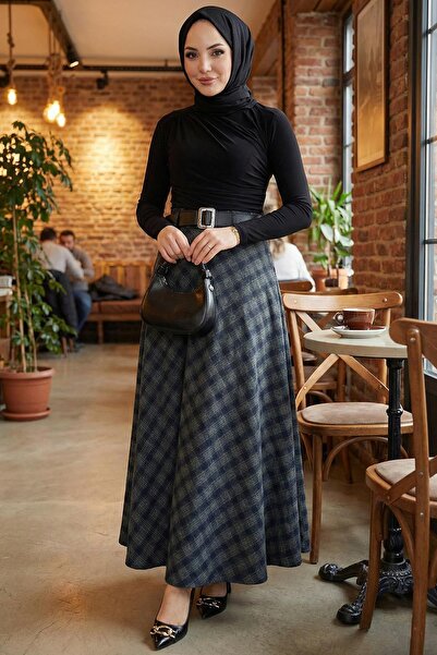 hafsamina Belted Mevlana Model Plaid Skirt Green Hm2874
