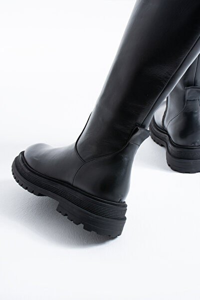 DUXAL SHOES Uliana Genuine Leather Black Women's Flat Sole Below the Knee Boots