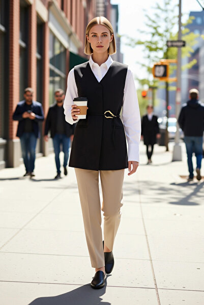 BENERLY Women's V-Neck Sleeveless Fitted Plain Woven Belt Detailed Vest Regul...