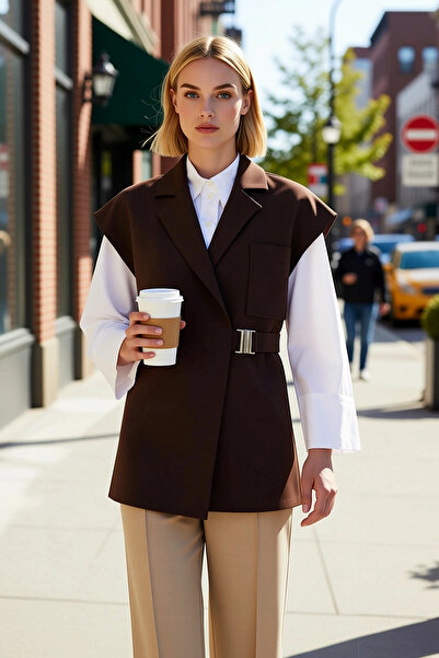 BENERLY Women's Jacket Collar Woven Fabric Double-Breasted Oversized Vest Buc...