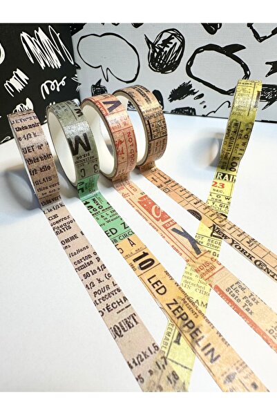 Padme studio 5’li Mini Vintage Desenli Washi Tape Retro Gazete Dekoratif Bant...