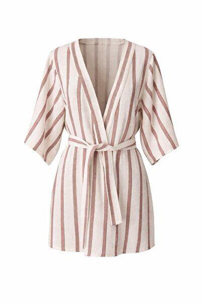 Eight Fashion Halat scurt din bumbac, cu dungi multicolore și curea, tip kimo...