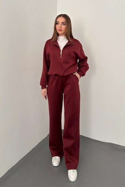 Elbee Fashion Woman Burgundy Zipper Detailed Scuba Suit