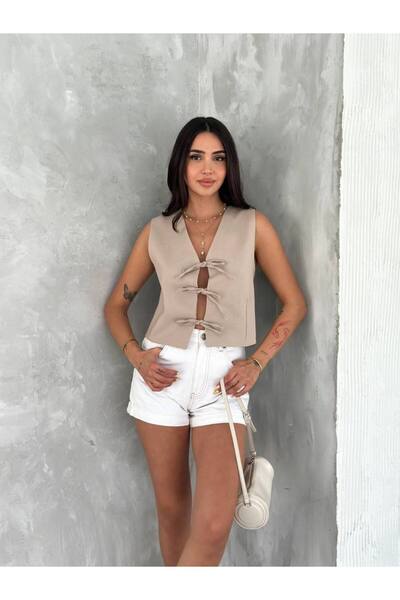 By Kuzey Aras V-Neck Stylish Vest with Tie Detail – Modern Cut, Lined, Casual...