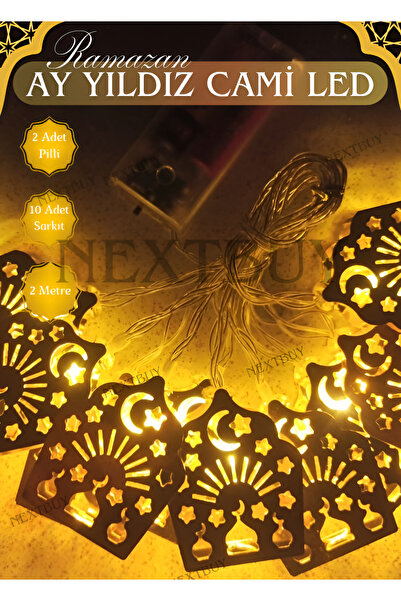 nextbuy Ramazan Ay Yıldız Camii Temalı Metal Led Işık 2x Pilli 10 Saçaklı Cam...