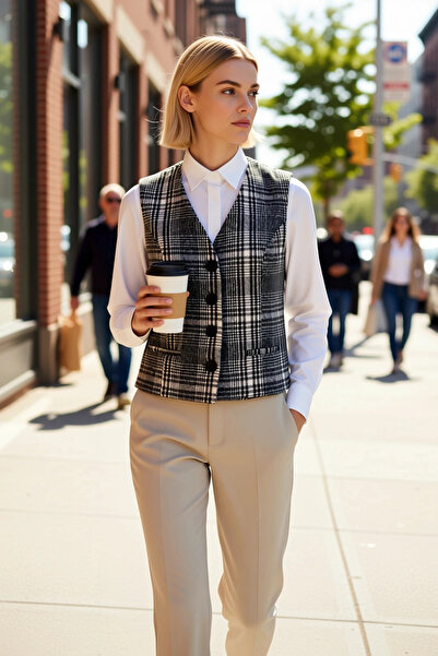 BENERLY Women's V-Neck Sleeveless Regular Fit Lined Plaid Checkered Woven Cas...