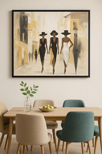lawhat للوحة مودرن راقية تُجسّد ثلاث نساء بأناقة استثنائية داخل مشهد حضري راق...