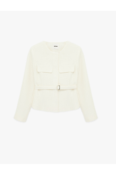 Koton Slim Fit Long Sleeve Crew Neck Belted Peplum Tweed Jacket