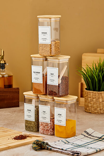 MODA OZY 6-Piece 300ml Square Bamboo Vacuum Lid Borosilicate Spice Set with S...