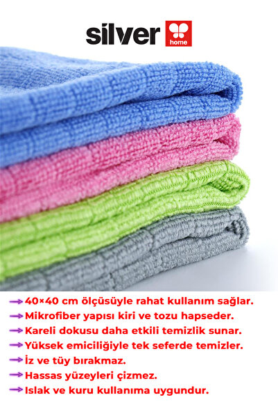 SİLVER HOME Mikrofiber Temizlik Bezi Seti 4’lü 40x40 cm, Mutfak Temizlik Bezi Havlusu