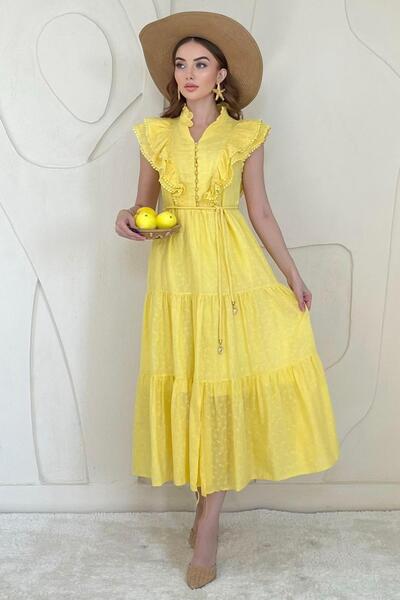 Elbee Fashion Woman Mustard Ruffled Buttoned Dress