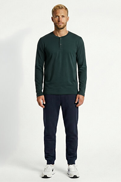 Cottonland Men's Celso Long Sleeve Buttoned O-Neck Unprinted Combed Cotton T-...