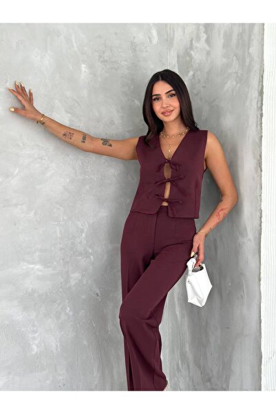 By Kuzey Aras V-Neck Stylish Vest with Tie Detail – Modern Cut, Lined, Casual...