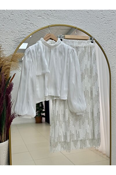 MİHRA STORE Ada Balon Puff Sleeve Skirt Sequined Shirt Janjan Set-Ge807 White