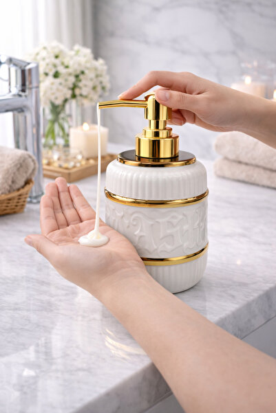 ARVALE LUXURY Gold Detaylı Beyaz Porselen Sıvı Sabunluk – Gold Başlıklı Banyo...