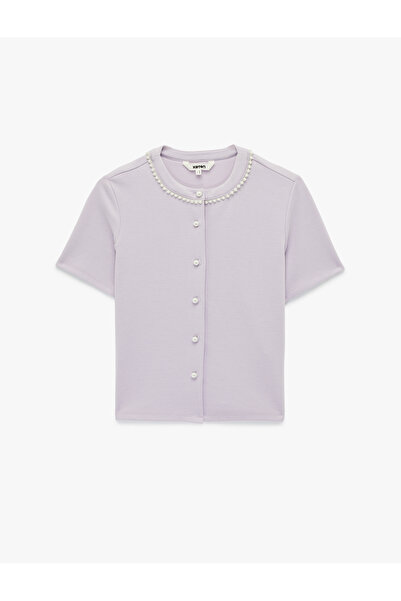 Koton Pique Fabric Pearl Detailed Short Sleeve Crew Neck Crop Cardigan