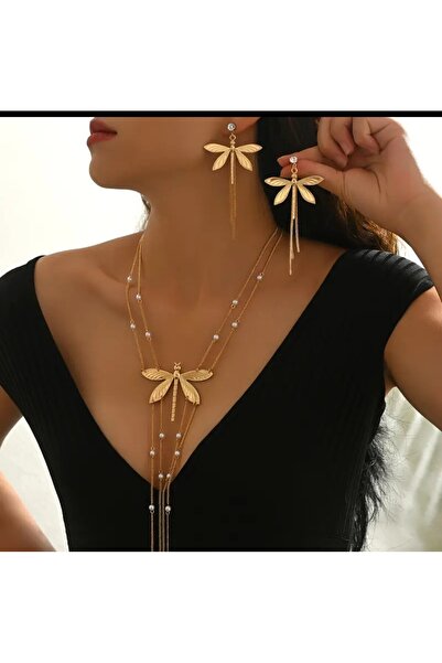 Visale Store Dragonfly Tassel Pearl Necklace Earring Set, Gift Set