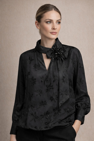 günay boutıque V Window Collar Floral Textured Stylish Plus Size Blouse