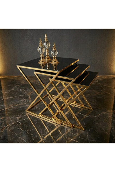 çelsan X Model Gold Metal Ayaklı Siyah 3'lü Zigon Sehpa