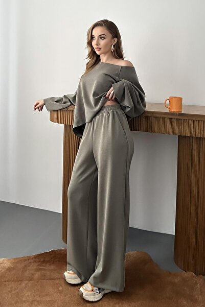 Elbee Fashion Woman Khaki Oversized Mold Modal Set