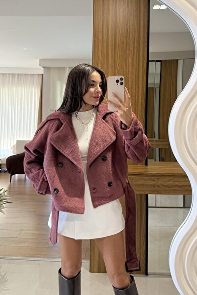 Gizem Ecemiş Devida Gül Kurusu Kemerli Peluş Ceket