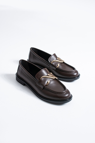 DESPİNA Ti̇ta Women's Black Leather Gold Buckle Detail Loafer Shoes – Classic...