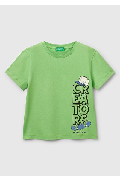 United Colors of Benetton Erkek Çocuk Fıstık Yeşili Grafik Baskılı T-Shirt