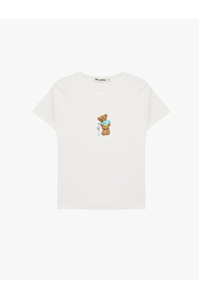 Koton Slim Fit Short Sleeve Crew Neck T-Shirt with Teddy Bear Embroidery