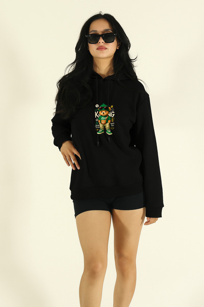 INFLUYENTE Women's Winter Bear King Printed Regular Cotton Hooded Sweatshirt