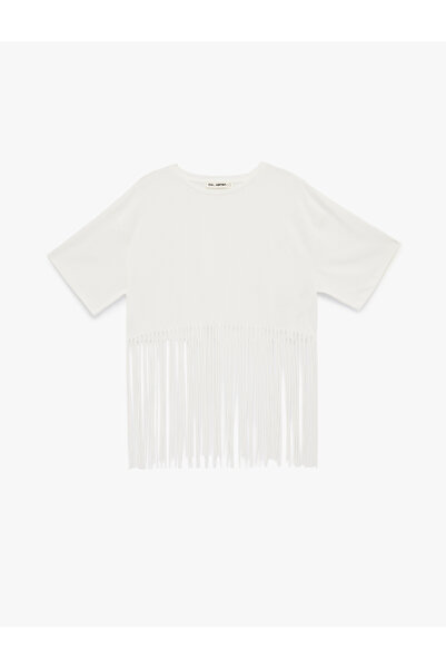 Koton Cotton Tassel Detailed Short Sleeve Crew Neck Oversized Crop T-Shirt