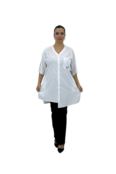 AY-SEL Plus Size Cotton Capri Sleeve V-Neck Belted Women's Shirt with Pockets