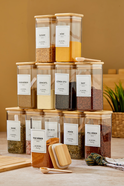 MODA OZY Set of 12 Labeled 300ml Square Bamboo Vacuum Lid Borosilicate Glass ...