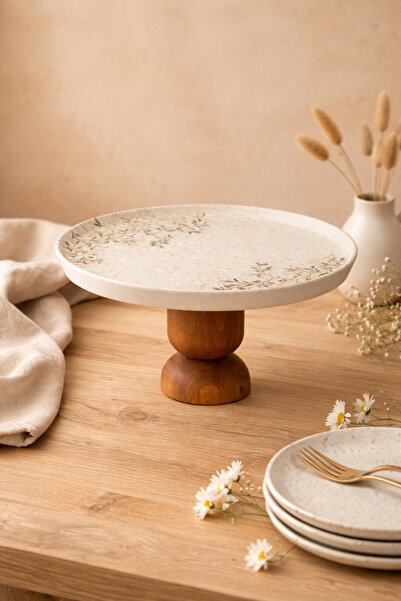 Evila Doğal Desenli Ahşap Ayaklı Porselen Sunumluk 23,5 cm – Ayaklı Pasta ve ...