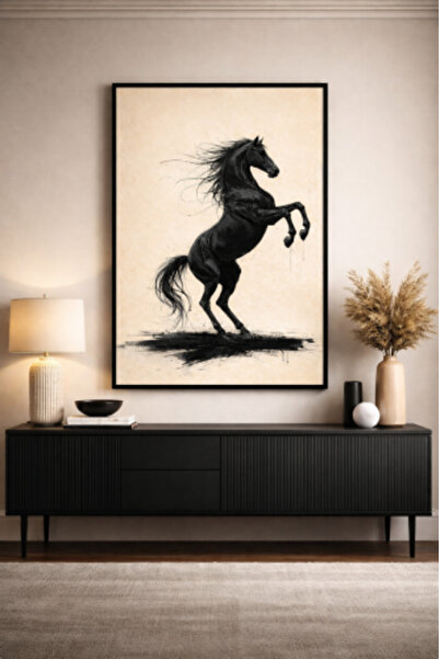 lawhat A luxurious artwork depicting a black horse with meticulous detail and...