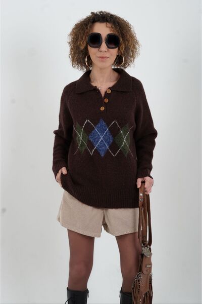 Zelish My Sister Brown Polo Collar Baklava Pattern Sweater