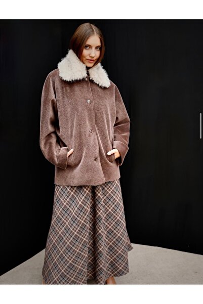 Modalizza Giyim Kadın kahverengi peluş yakalı düğmeli kaban